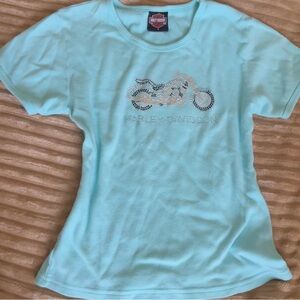 SOLD - Harley Davidson Light Blue Rhinestone Motorcycle Tee